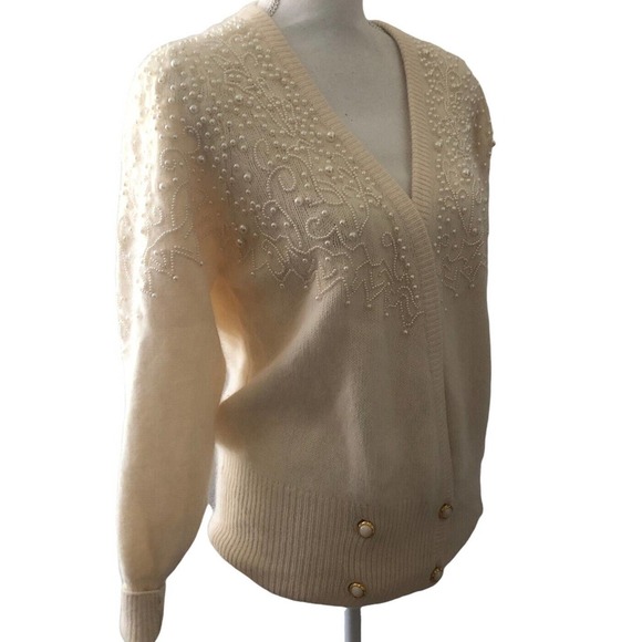 Vintage Sideffects Cream Knit Lambswool Angora Rabbit Hair Sweater Pearls M - Picture 2 of 9